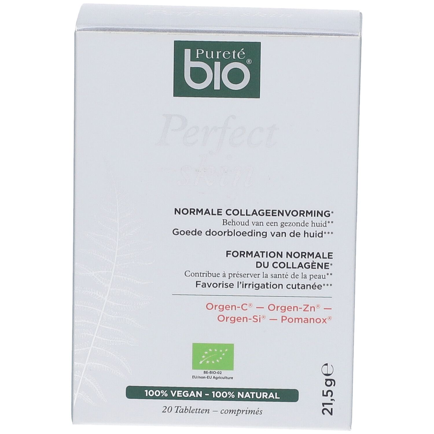 Voorkant doosje Pureté Bio Perfect Skin. Met productnaam en logo. 20 tabletten.
