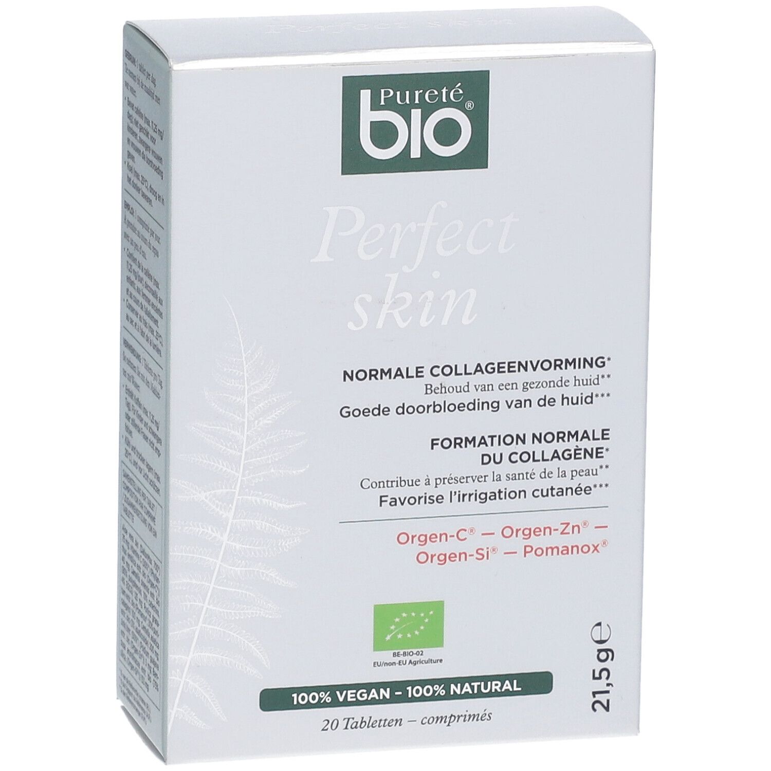 Voorkant doosje Pureté Bio Perfect Skin. Met productnaam en logo. 20 tabletten.