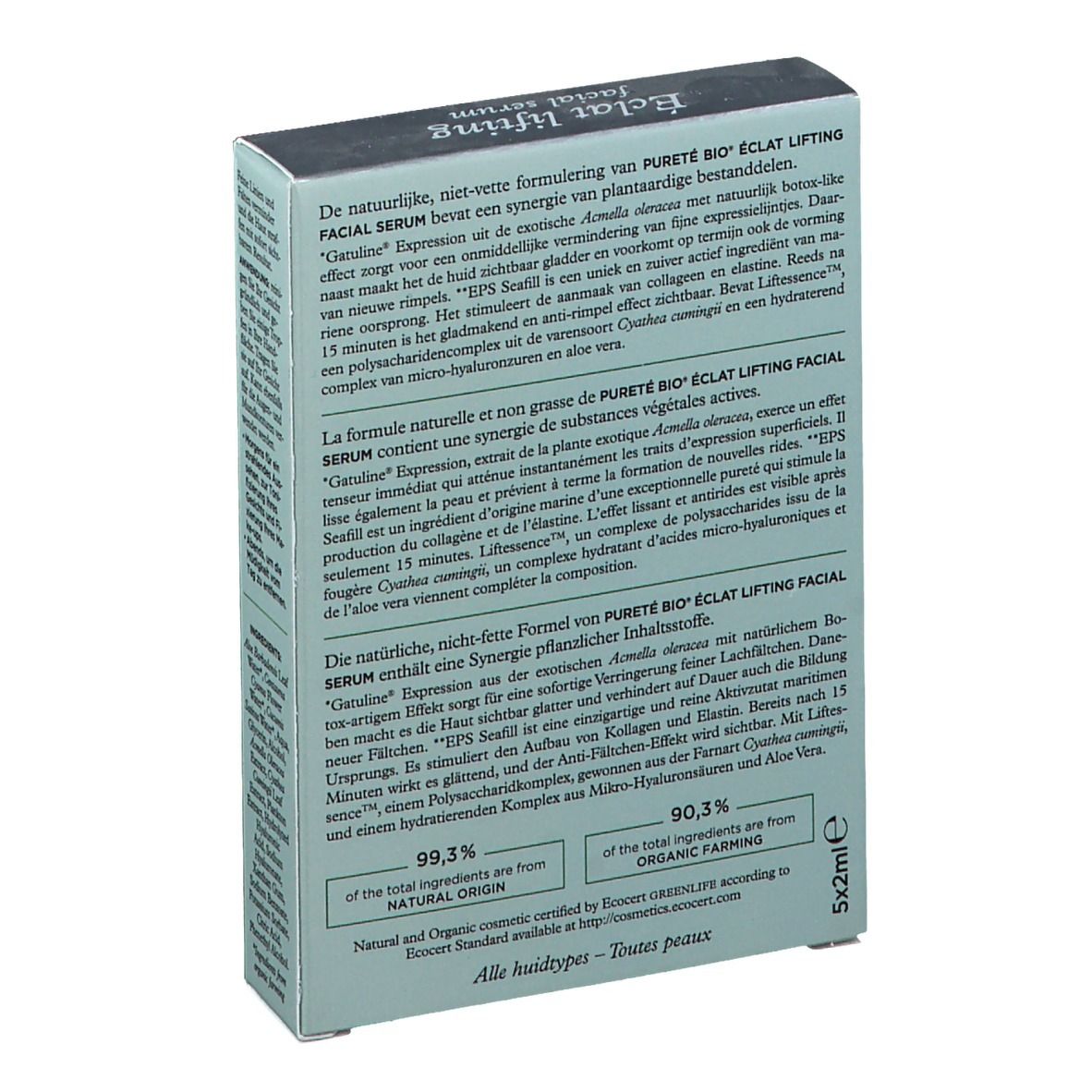 Dos de la boîte. Informations sur le produit, ingrédients et certification bio.