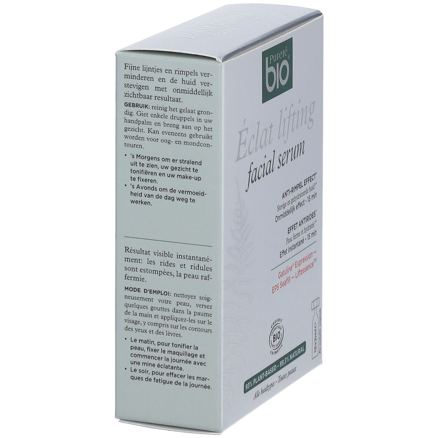 Boîte de sérum. Inscription: Pureté bio, Eclat lifting facial serum. Mode d'emploi. Ampoules 15x2ml.
