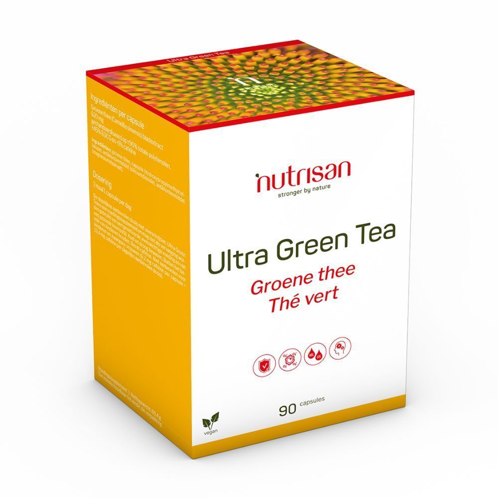 Doos Nutrisan Ultra Green Tea. Rood logo, productnaam in wit. 90 vegetarische capsules. Gele achtergrond en bloemmotief.