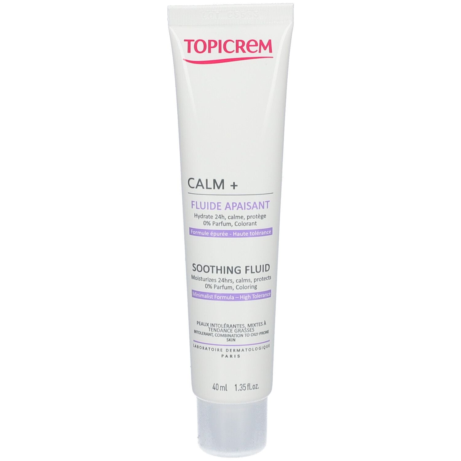 Witte en paarse tube met TOPICREM CALM+. Bevat 40 ml. Beschrijvende tekst in het Frans en Engels.
