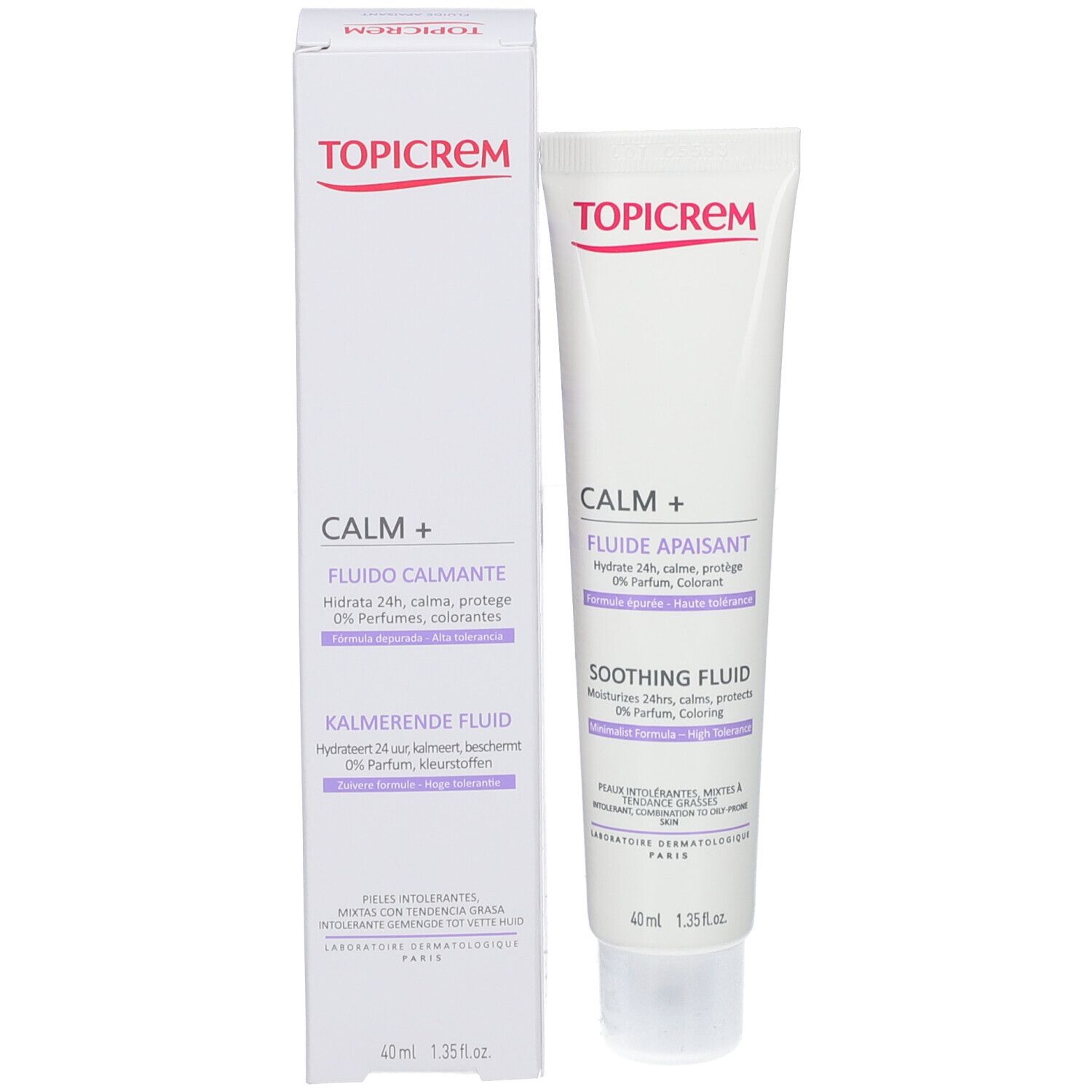Productverpakking met tube en doos. TOPICREM CALM+ op beide. Doos met tekst in het Duits en Frans.