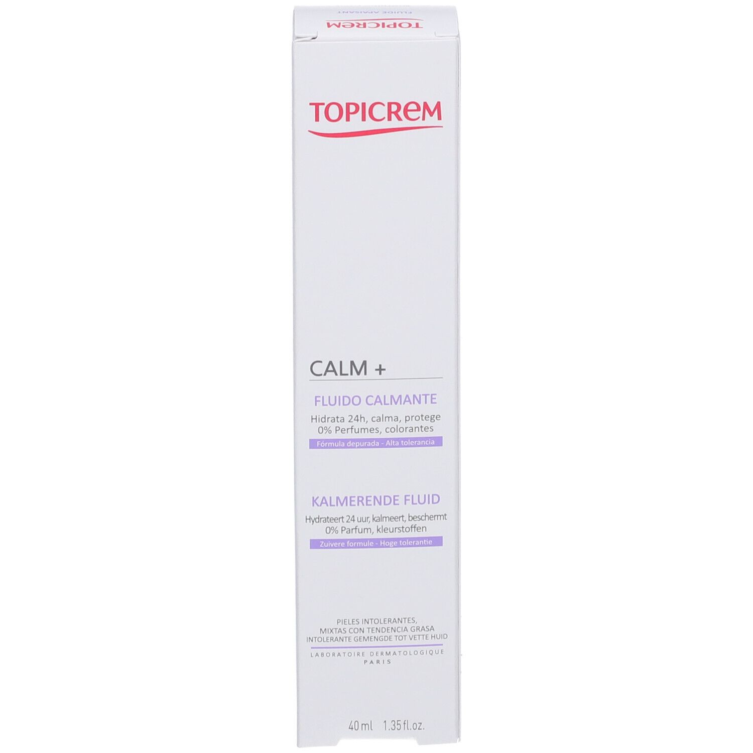 Productverpakking met doos. TOPICREM CALM+ en tekst in het Duits en Frans. 40 ml.
