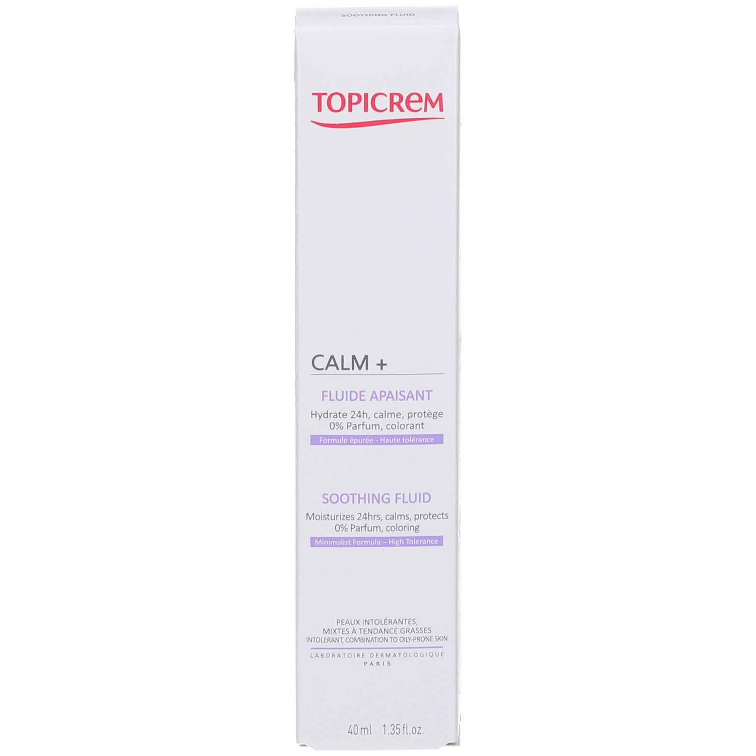 Productverpakking met doos. TOPICREM CALM+ en tekst in het Engels en Duits. 40 ml.
