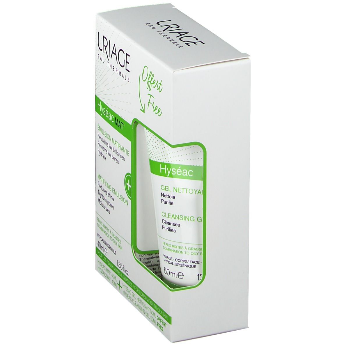 Boîte Uriage Hyséac MAT'. Emballage blanc avec image et texte. Contient un flacon de Hyséac Gel Nettoyant. Offert/Free.