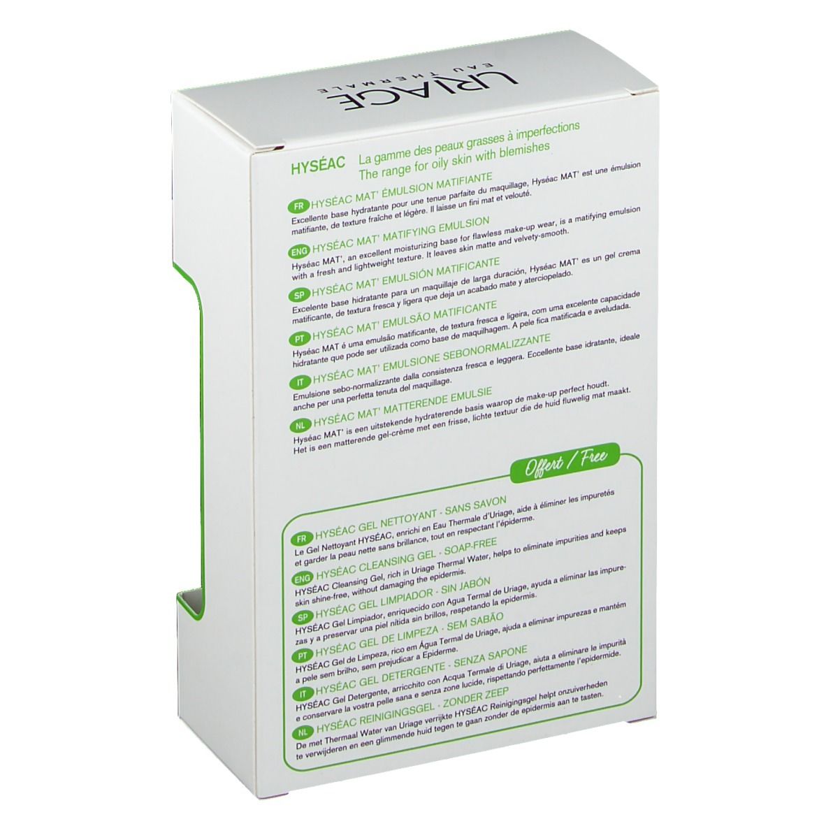 Boîte Uriage Hyséac MAT'. Emballage blanc avec texte. Contient des informations sur le produit et 'Offert/Free'.