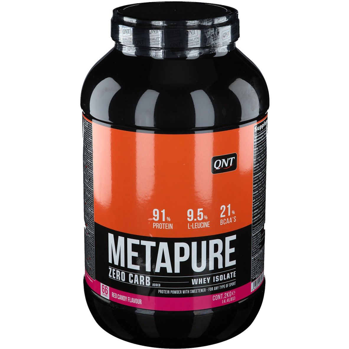 Zwarte pot QNT Metapure Zero Carb. Oranje label met productinfo. Bevat 91% eiwit, 9,5% L-Leucine, 21% BCAA's.
