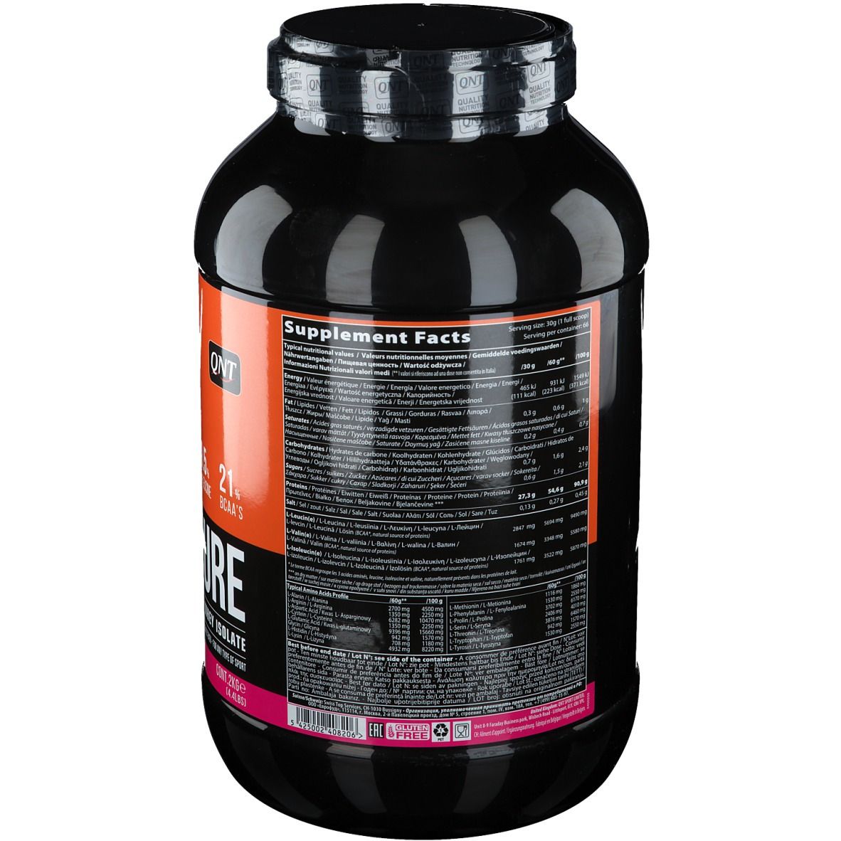 Achterkant zwarte pot QNT Metapure Zero Carb. Bevat voedingswaarde en ingrediëntenlijst. Roze strook onderaan.