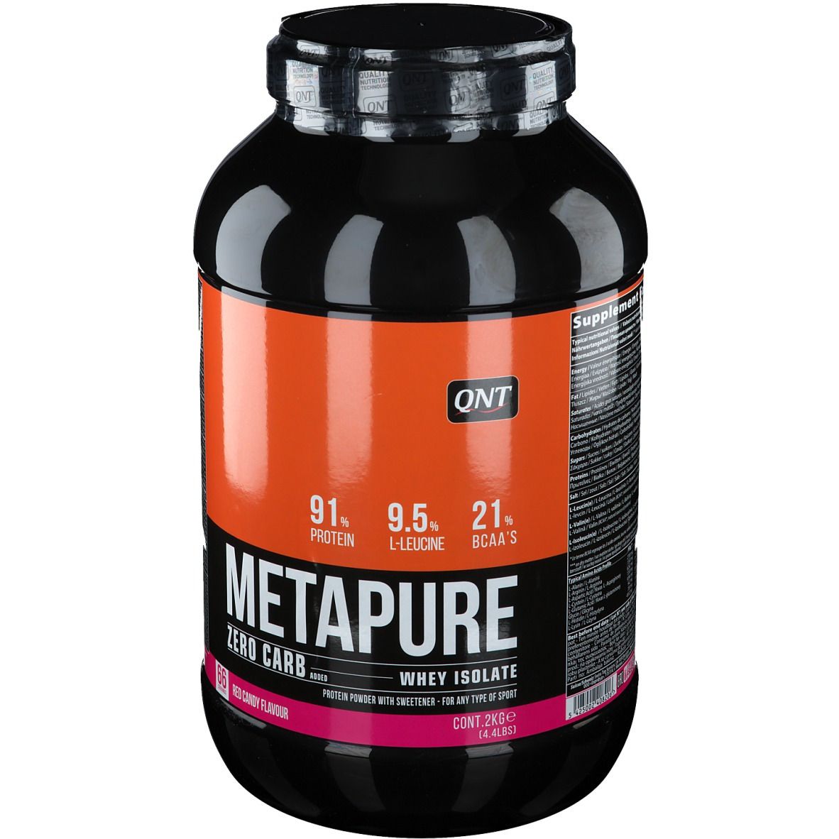 Zwarte pot QNT Metapure Zero Carb. Oranje label met productinfo. Bevat 91% eiwit, 9,5% L-Leucine, 21% BCAA's.