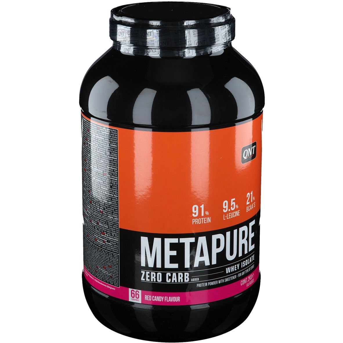 Zwarte pot QNT Metapure Zero Carb. Oranje label met productinfo. Bevat 91% eiwit, 9,5% L-Leucine, 21% BCAA's.