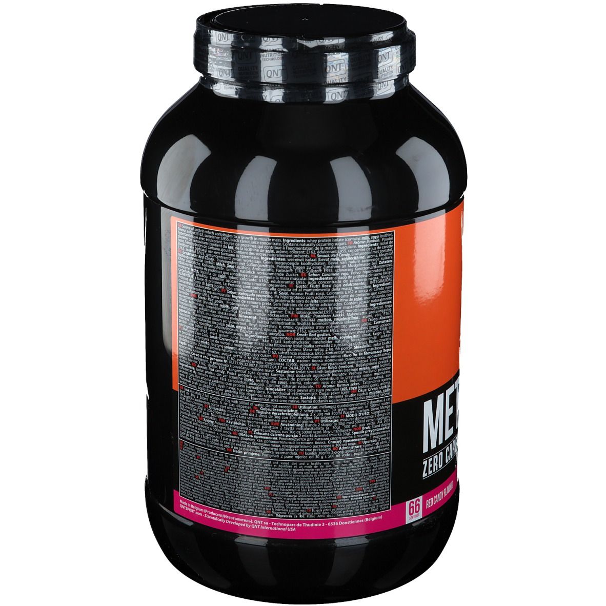 Achterkant zwarte pot QNT Metapure Zero Carb. Bevat voedingswaarde en ingrediëntenlijst. Roze strook onderaan.