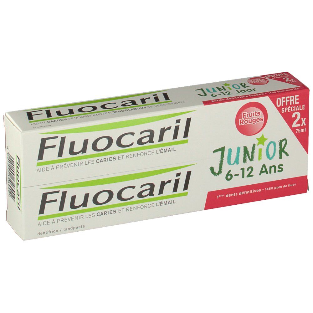 Pack de dentifrice Fluocaril Junior. Deux tubes dans une boîte. Inscription : Junior 6-12 ans. Fruits rouges.