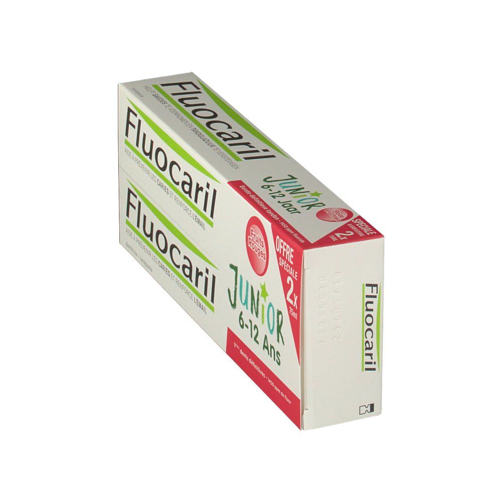 Pack de dentifrice Fluocaril Junior. Deux tubes dans une boîte. Inscription : Junior 6-12 ans. Fruits rouges.