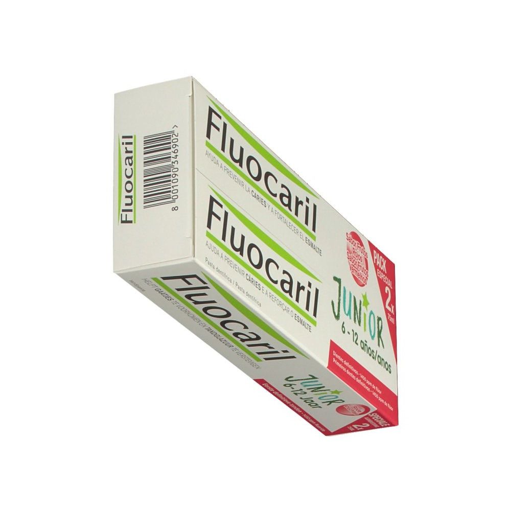 Pack de dentifrice Fluocaril Junior. Deux tubes dans une boîte. Inscription : Junior 6-12 ans. Fruits rouges.
