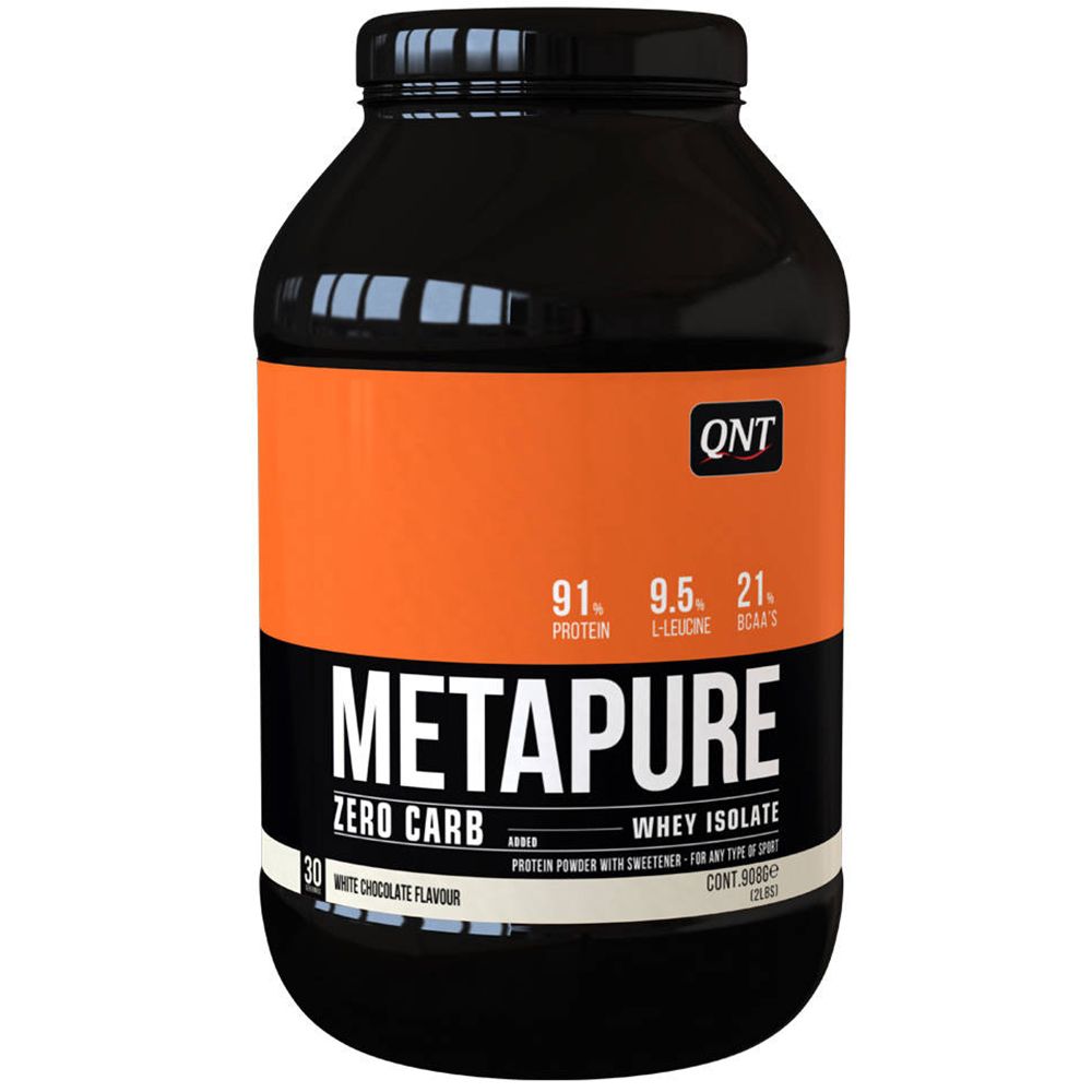 Zwarte pot met witte chocoladesmaak. Oranje strook met tekst: METAPURE Zero Carb, Whey Isolate. QNT logo.