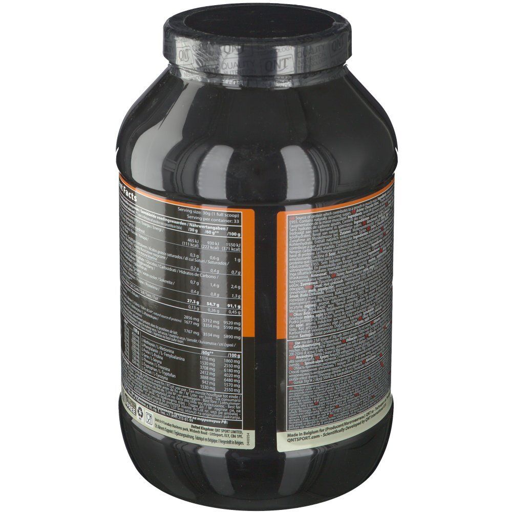 Zwarte pot, achterkant met tekst. Oranje strook. Verzegelde deksel. Tekst: METAPURE Zero Carb, Whey Isolate.