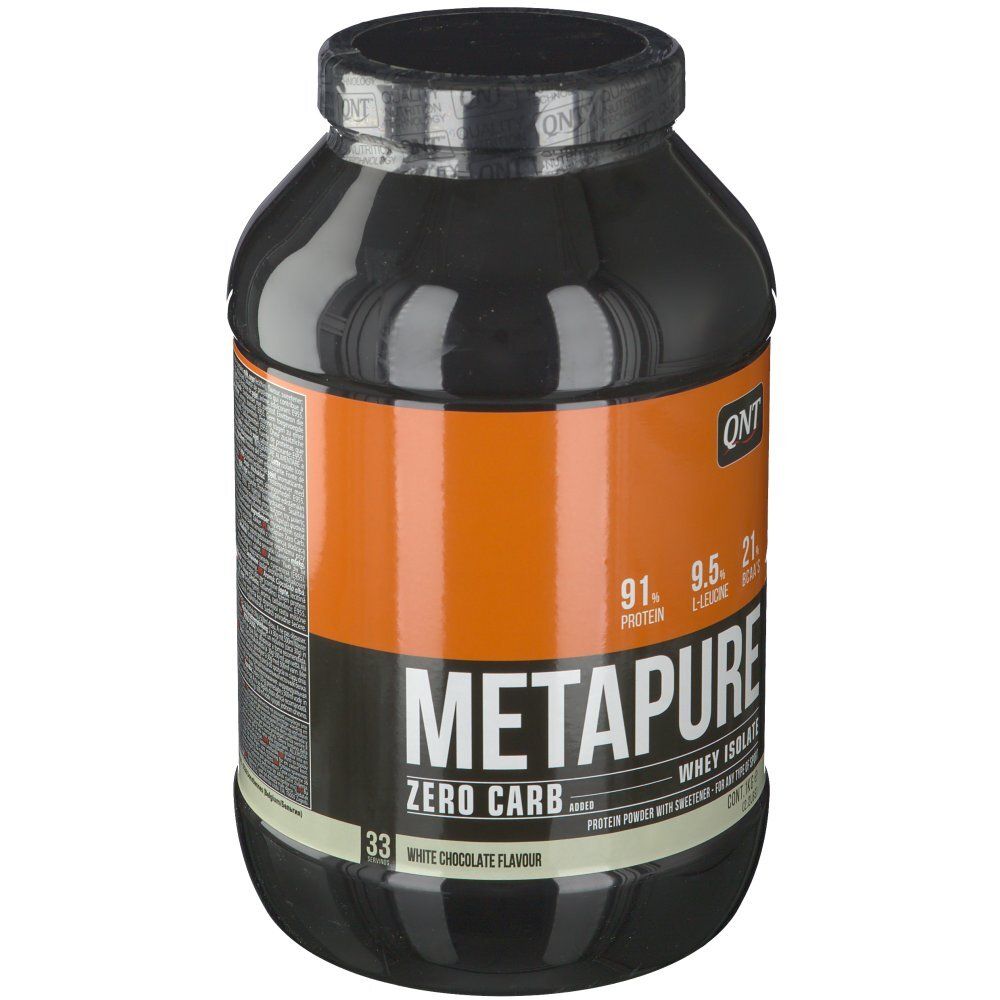 Zwarte pot met witte chocoladesmaak. Oranje strook met tekst: METAPURE Zero Carb, Whey Isolate. QNT logo.