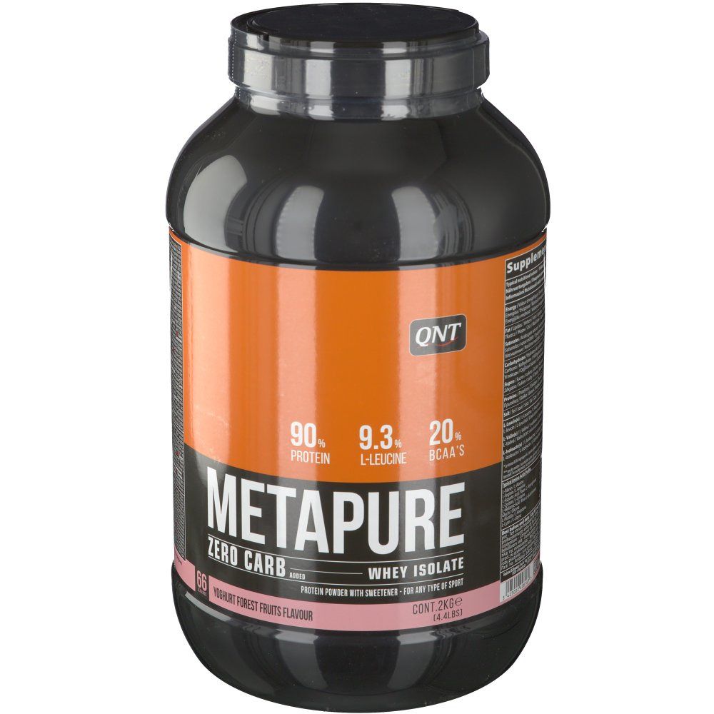 Zwarte pot met QNT-logo en METAPURE-opschrift. Bevat 2 kg. Opschrift: Zero Carb, Whey Isolate, Forest Fruits.