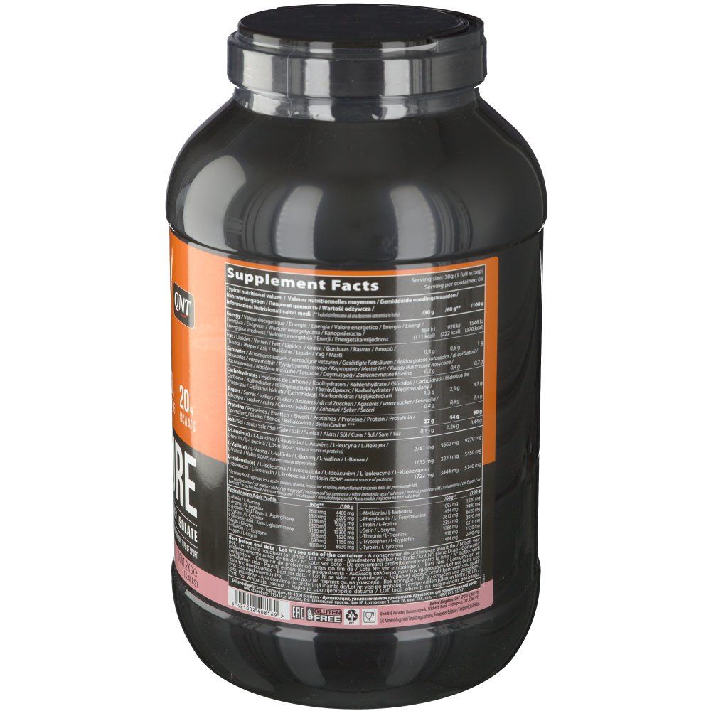 Achterkant van de zwarte pot met voedingswaarde-informatie. Bevat informatie over eiwitten, koolhydraten en ingrediënten.