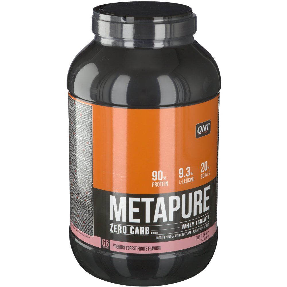 Zwarte pot met QNT-logo en METAPURE-opschrift. Bevat 2 kg. Opschrift: Zero Carb, Whey Isolate, Forest Fruits.