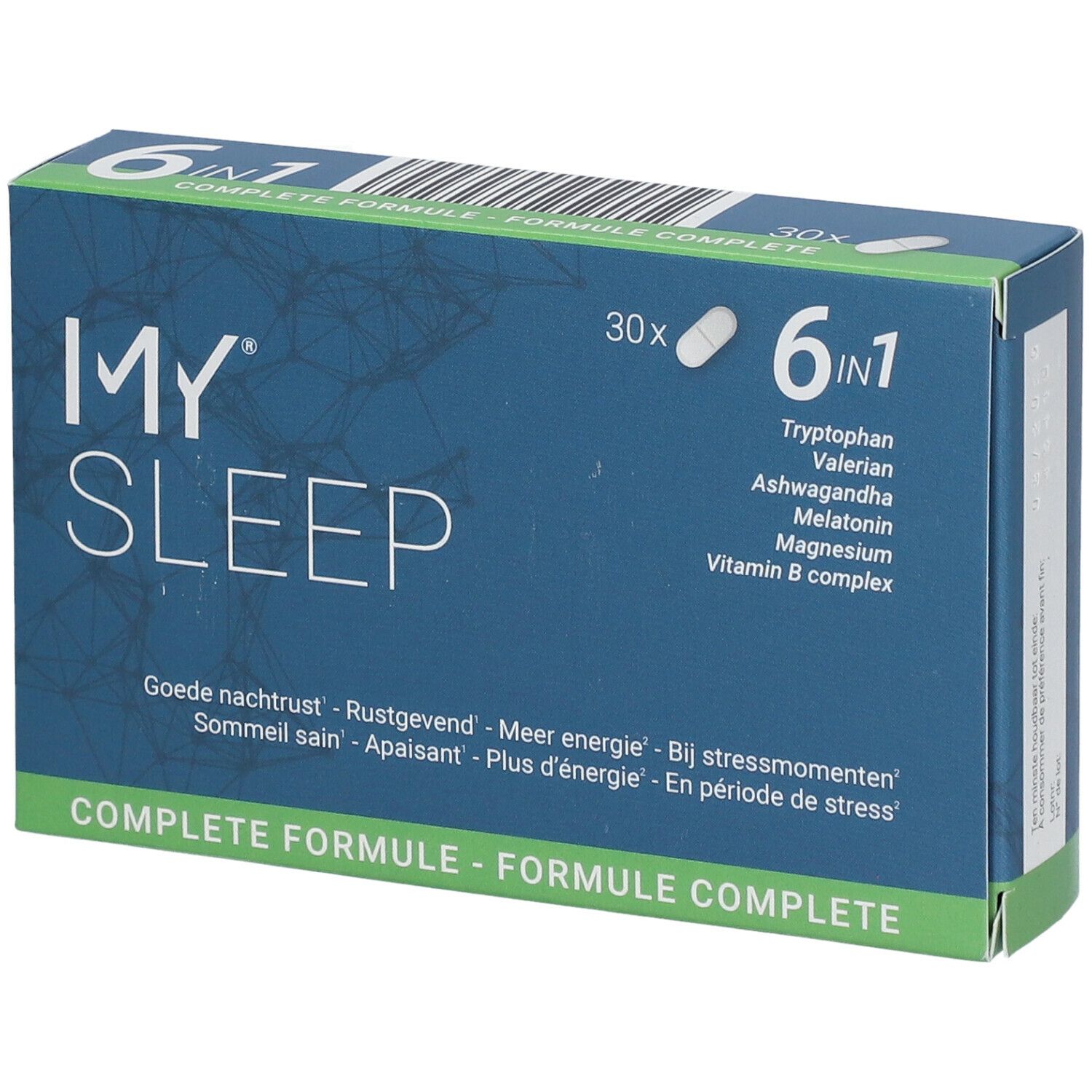 Doosje met "MY SLEEP" capsules. Bevat 30 capsules. Opschrift: 6 in 1, Tryptofaan, Valeriaan, Ashwagandha, Melatonine, Magnesium, Vitamine B complex.