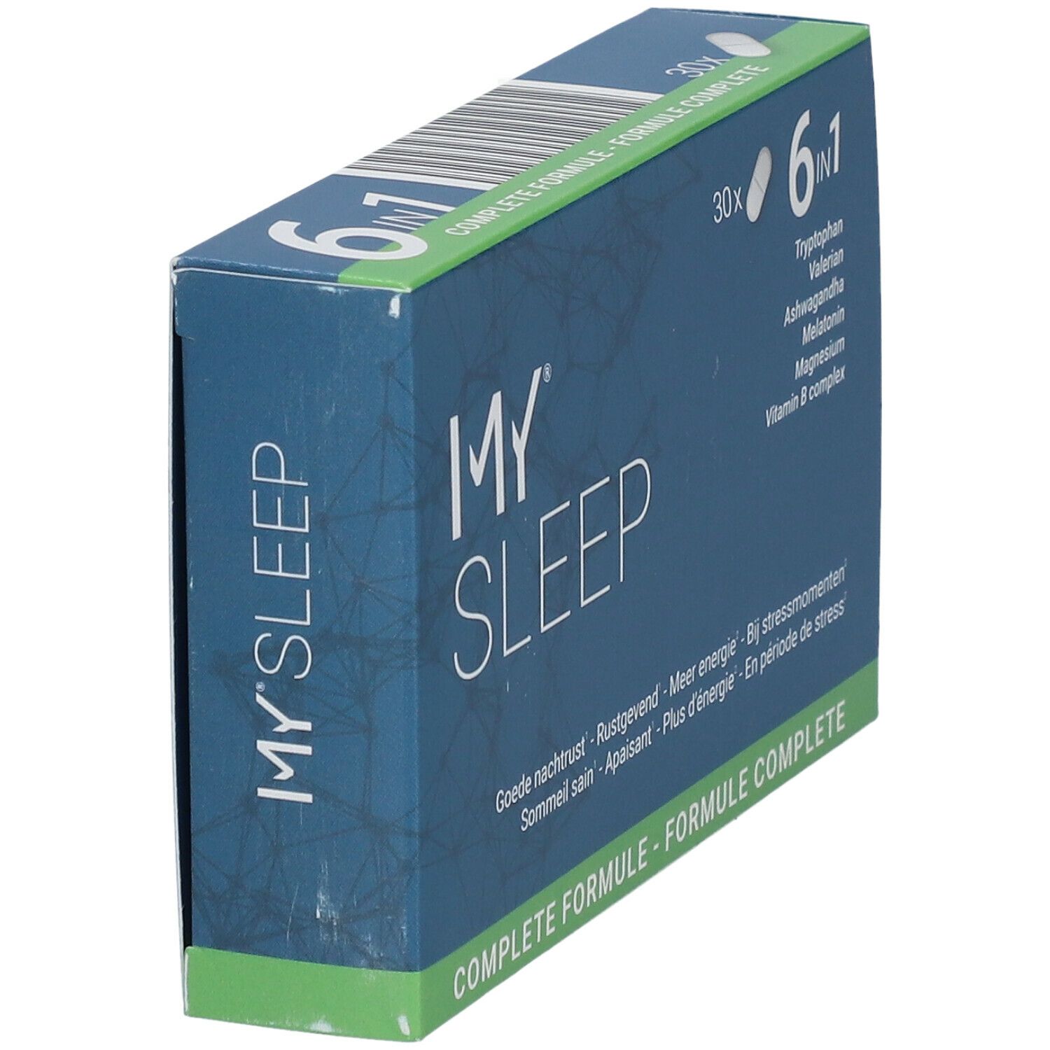 Doosje "MY SLEEP" met 30 capsules. Opschrift: 6 in 1, Tryptofaan, Valeriaan, Ashwagandha, Melatonine, Magnesium, Vitamine B complex. Blauwe verpakking.