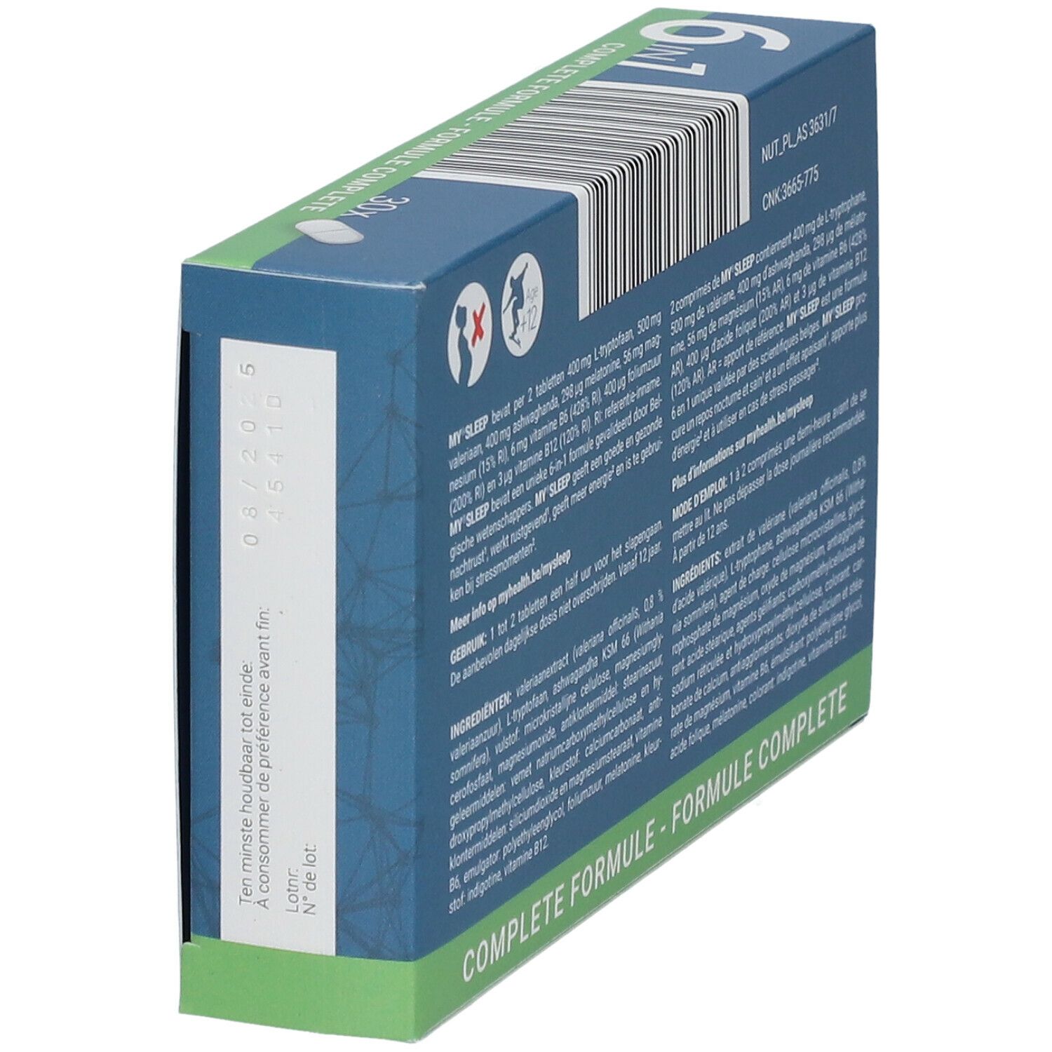 Achterkant van de "MY SLEEP" doos. Bevat informatie over ingrediënten en vervaldatum. Tekst in meerdere talen. Barcode.