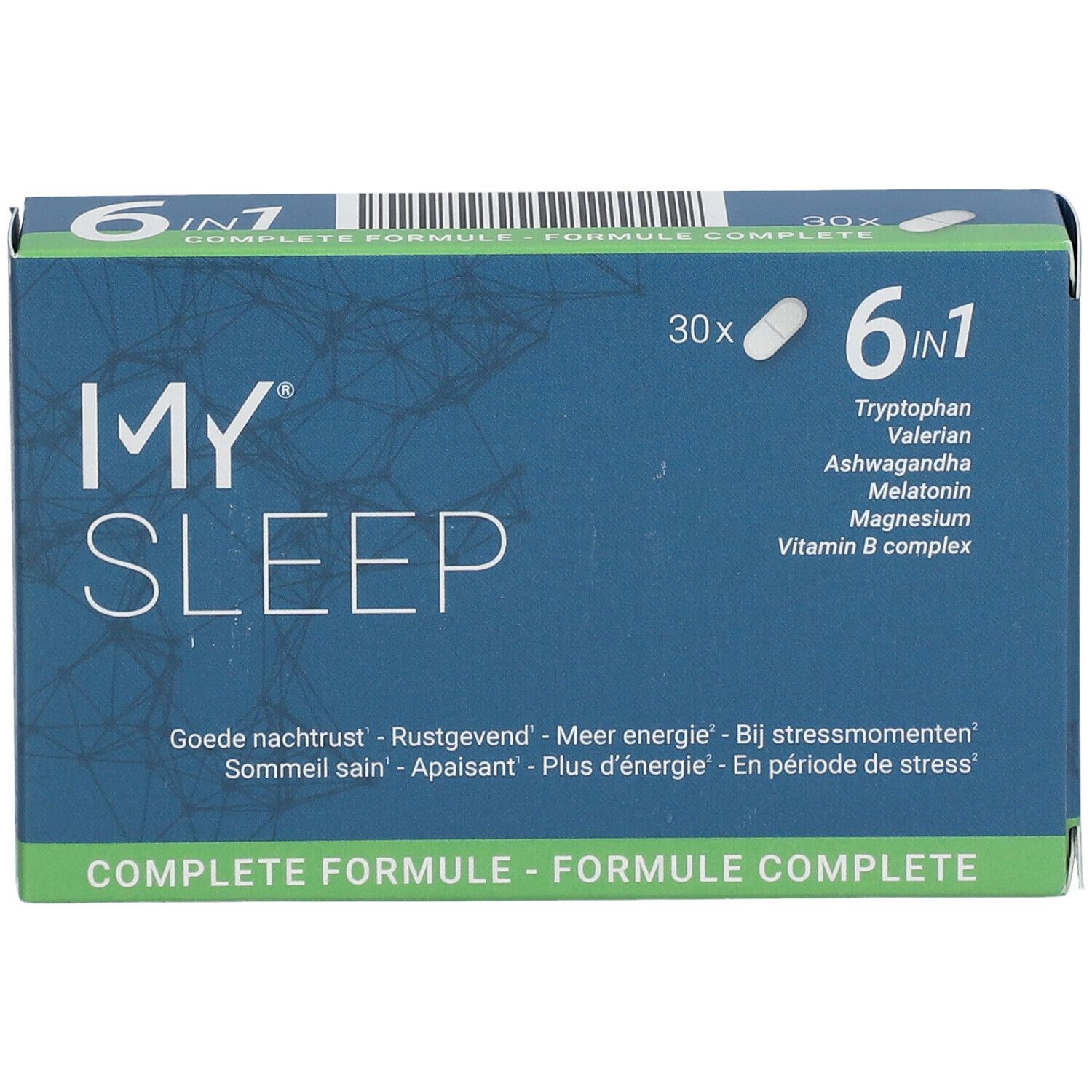 Doosje "MY SLEEP" met 30 capsules. Opschrift: 6 in 1, Tryptofaan, Valeriaan, Ashwagandha, Melatonine, Magnesium, Vitamine B complex. Blauwe verpakking.