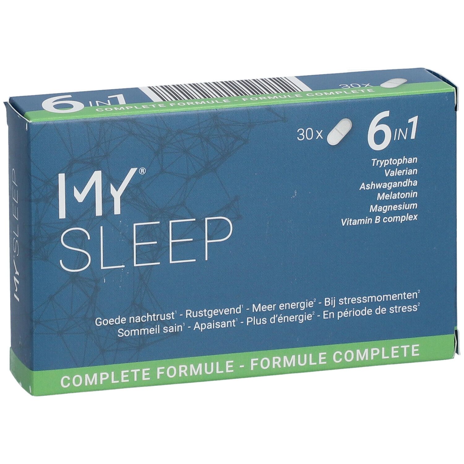 Doosje "MY SLEEP" met 30 capsules. Opschrift: 6 in 1, Tryptofaan, Valeriaan, Ashwagandha, Melatonine, Magnesium, Vitamine B complex. Blauwe verpakking.
