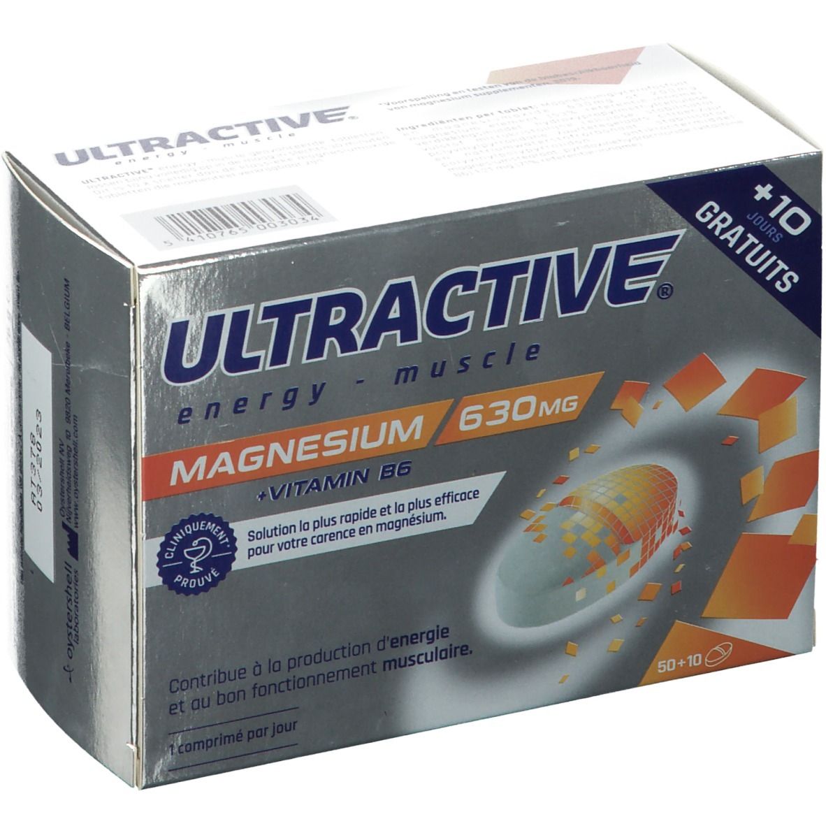 Boîte ULTRACTIVE® Magnesium + Vitamine B6. Texte: energy - muscle. 630mg. 50+10 comprimés. Cliniquement prouvé.