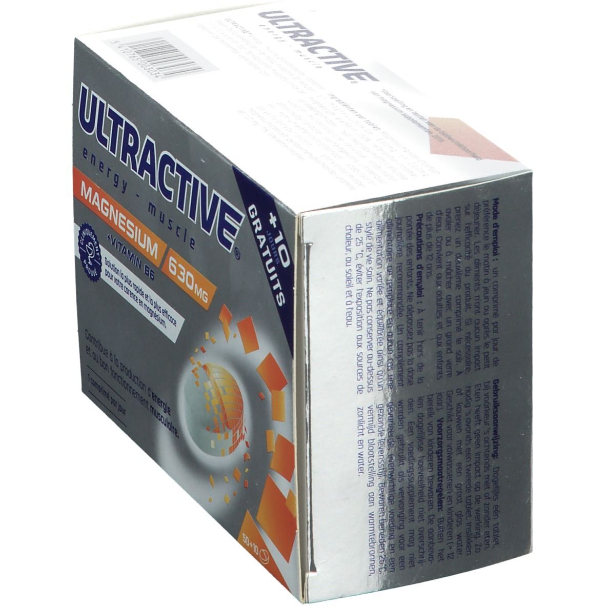 Boîte ULTRACTIVE® Magnesium + Vitamine B6. Texte: energy - muscle. 630mg. 50+10 comprimés. Cliniquement prouvé.