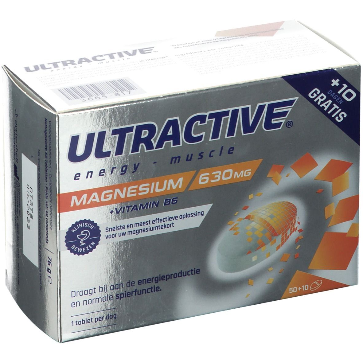 Boîte ULTRACTIVE® Magnesium + Vitamine B6. Texte: energy - muscle. 630mg. 50+10 comprimés. Cliniquement prouvé.