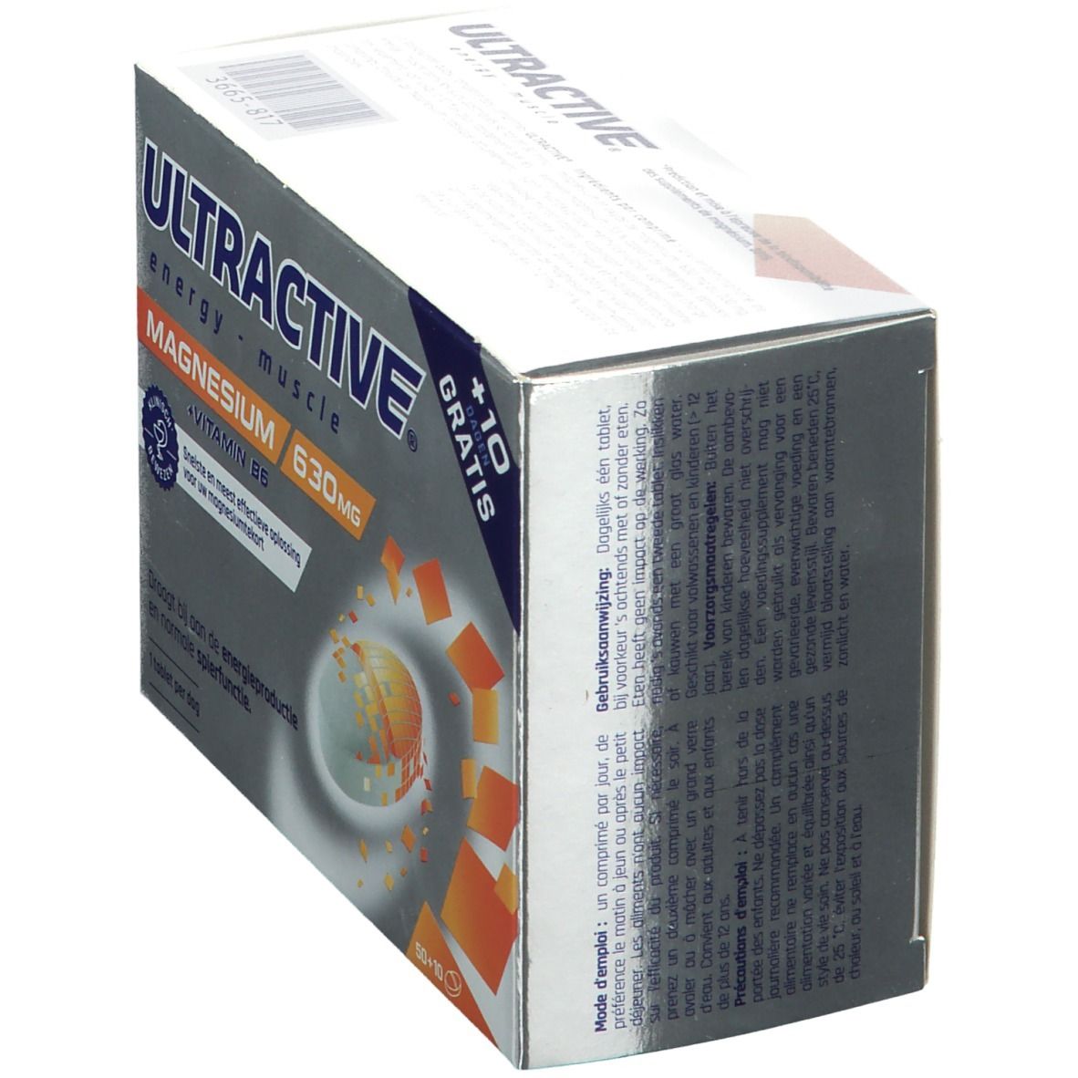 Boîte ULTRACTIVE® Magnesium + Vitamine B6. Texte: energy - muscle. 630mg. 50+10 comprimés. Cliniquement prouvé.