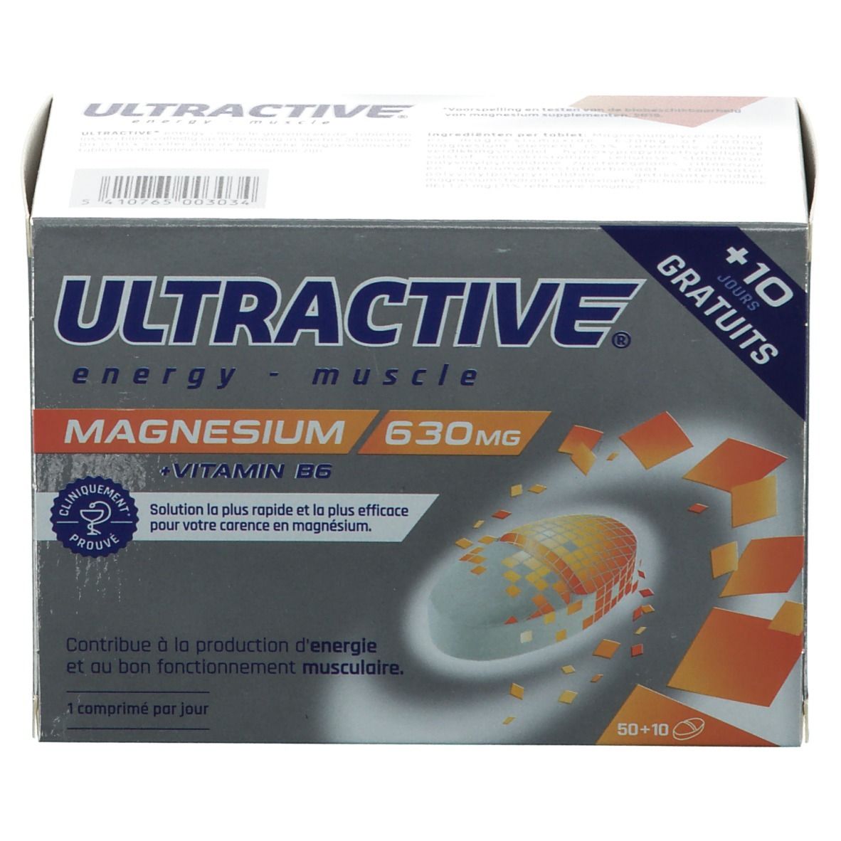 Boîte ULTRACTIVE® Magnesium + Vitamine B6. Texte: energy - muscle. 630mg. 50+10 comprimés. Cliniquement prouvé.