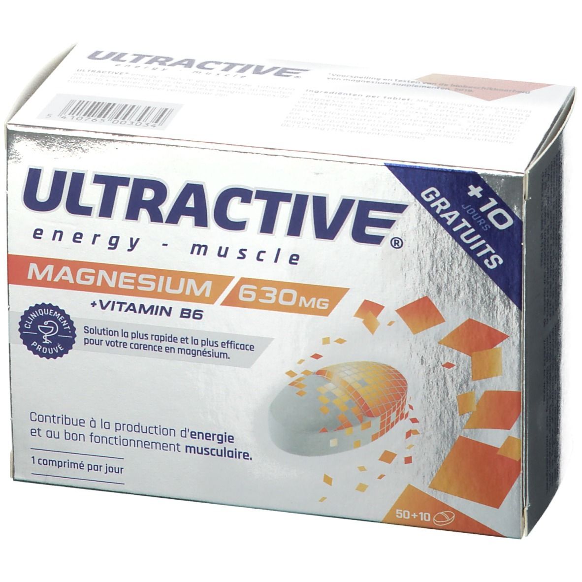 Boîte ULTRACTIVE® Magnesium + Vitamine B6. Texte: energy - muscle. 630mg. 50+10 comprimés. Cliniquement prouvé.