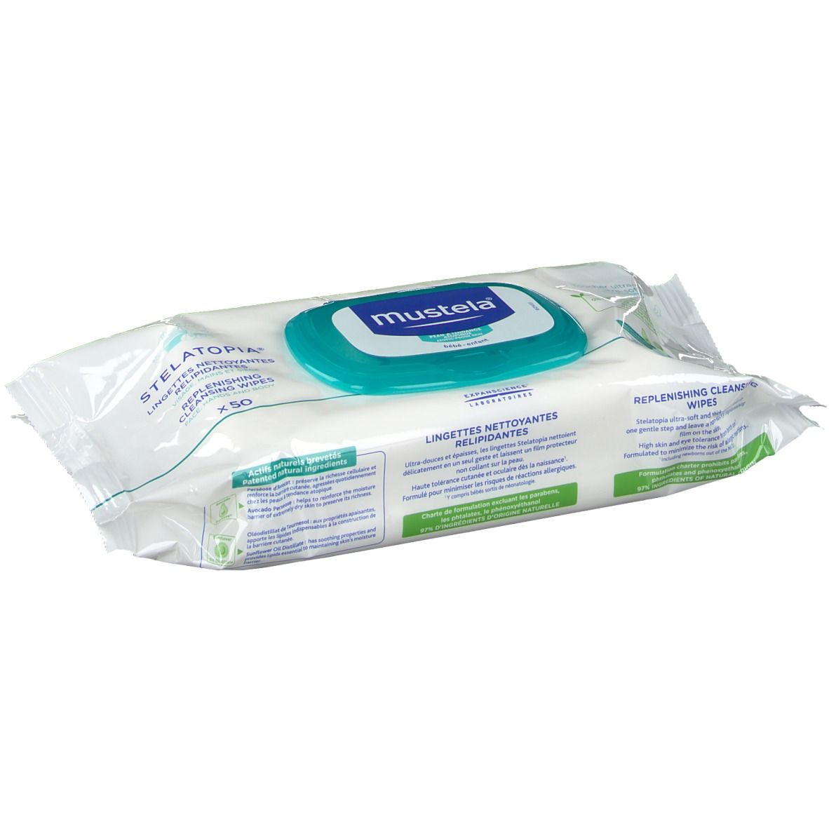 Paquet de lingettes nettoyantes. Emballage blanc avec couvercle bleu et logo de la marque. Texte : 'Stelatopia'.