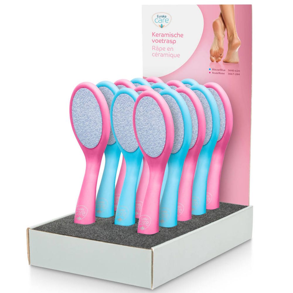 Voetrasp display. Roze en blauwe raspen in witte doos. Opschrift: Eureka Care, Keramische voetrasp, Râpe en céramique.