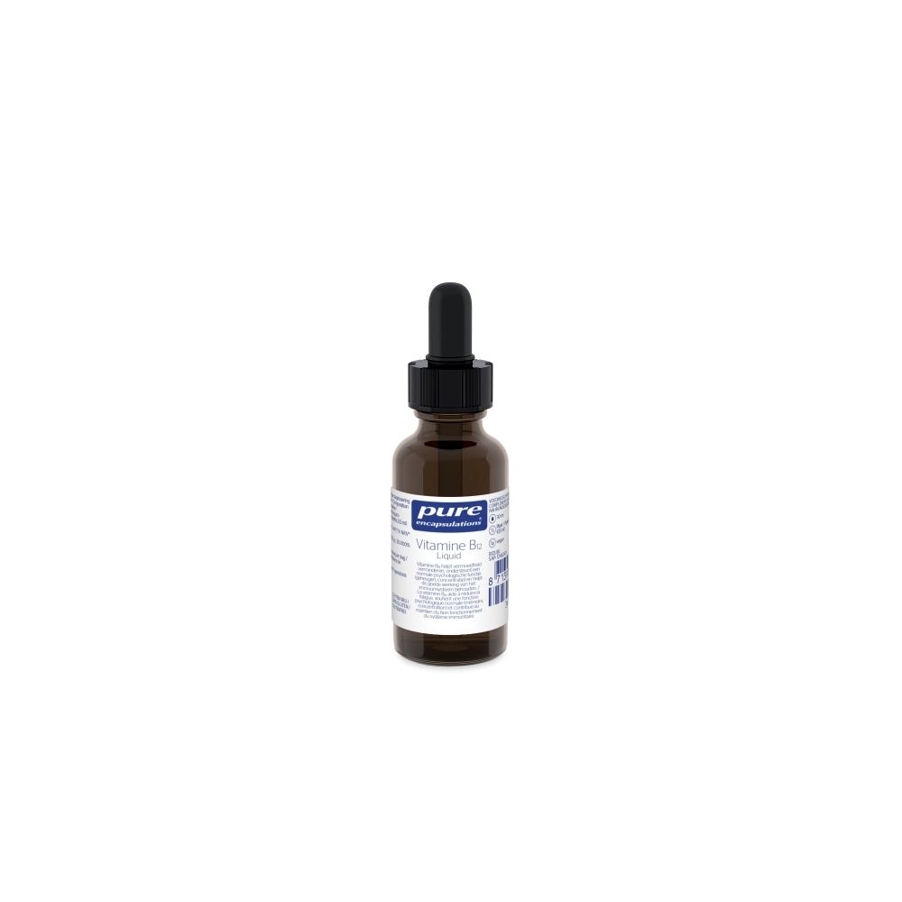 Flacon en verre brun avec compte-gouttes noir. Étiquette avec informations produit. "Pure Encapsulations" et "Vitamine B12 Liquid" visibles.