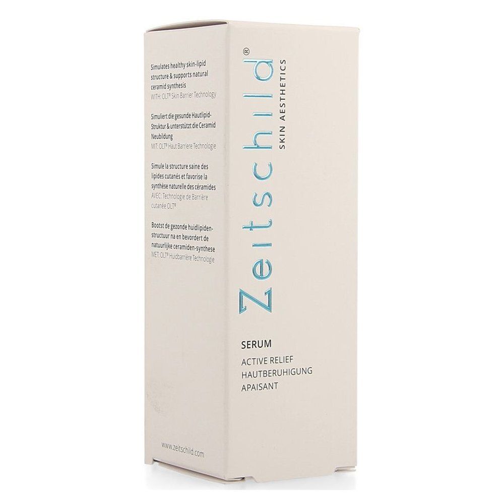 Witte verpakking met opschrift: Zeitschild Skin Aesthetics, Serum, Active Relief, Hautberuhigung, Apaisant. Tekst over ingrediënten.
