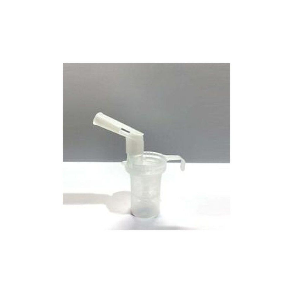 Ensemble de nébulisation avec embout buccal. Récipient transparent en plastique avec poignée et coude.