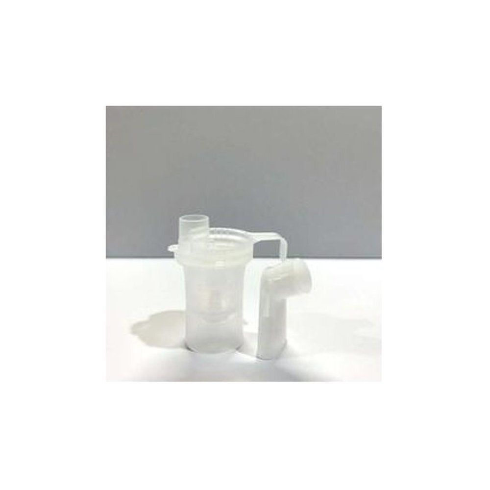 Ensemble de nébulisation avec embout buccal. Récipient en plastique transparent et coude séparé.