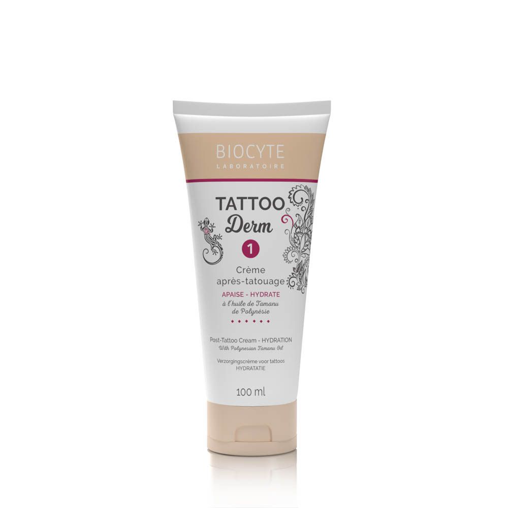 Tube "Tattoo Derm 1" op witte achtergrond. Productnaam, merk en informatie zichtbaar.