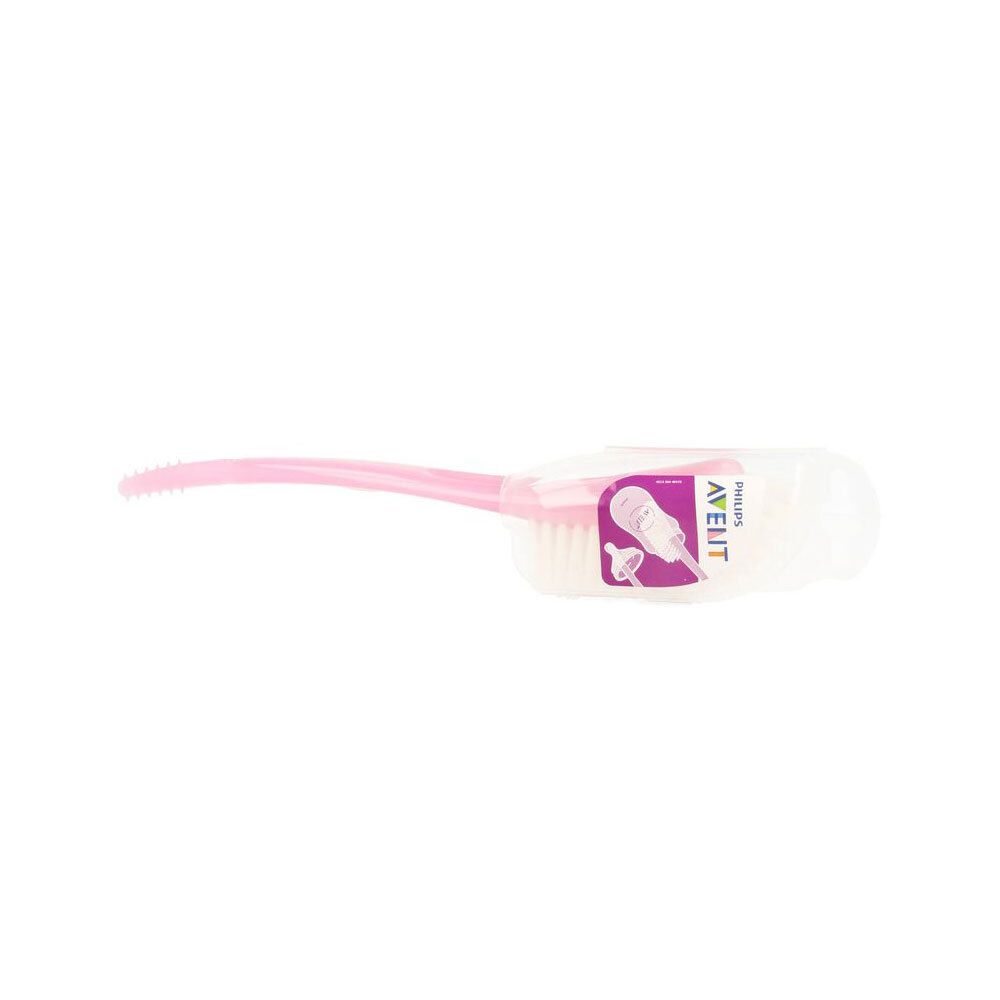 Roze flessenborstel met witte borstelkop en handvat, in doorzichtige verpakking.
