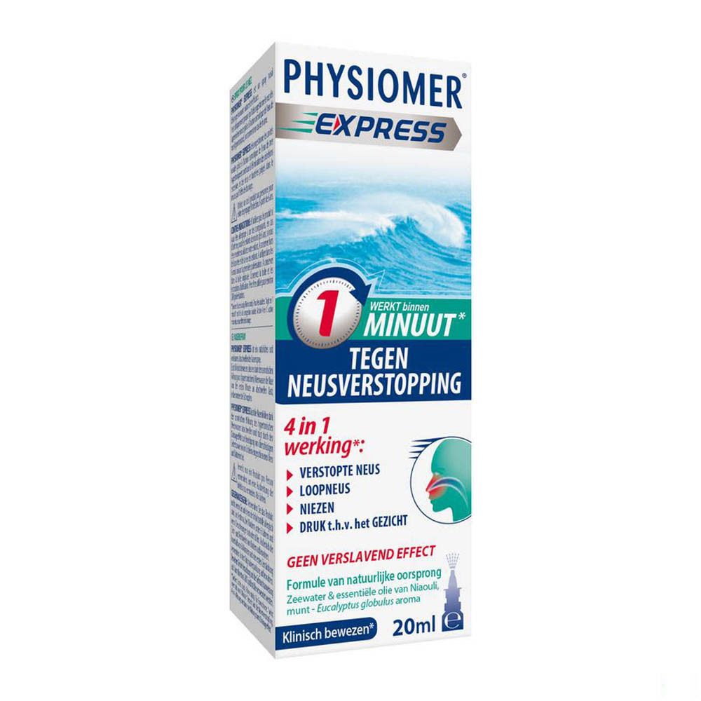 Verpakking van PHYSIOMER® EXPRESS. Witte doos met productnaam, golfmotief en 1 minuut-aanduiding. Bevat 20ml.