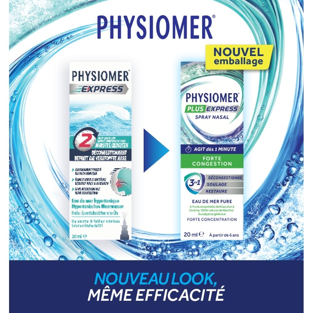 Comparaison PHYSIOMER EXPRESS et PHYSIOMER PLUS EXPRESS. Texte: Nouvel emballage, même efficacité, 20ml.