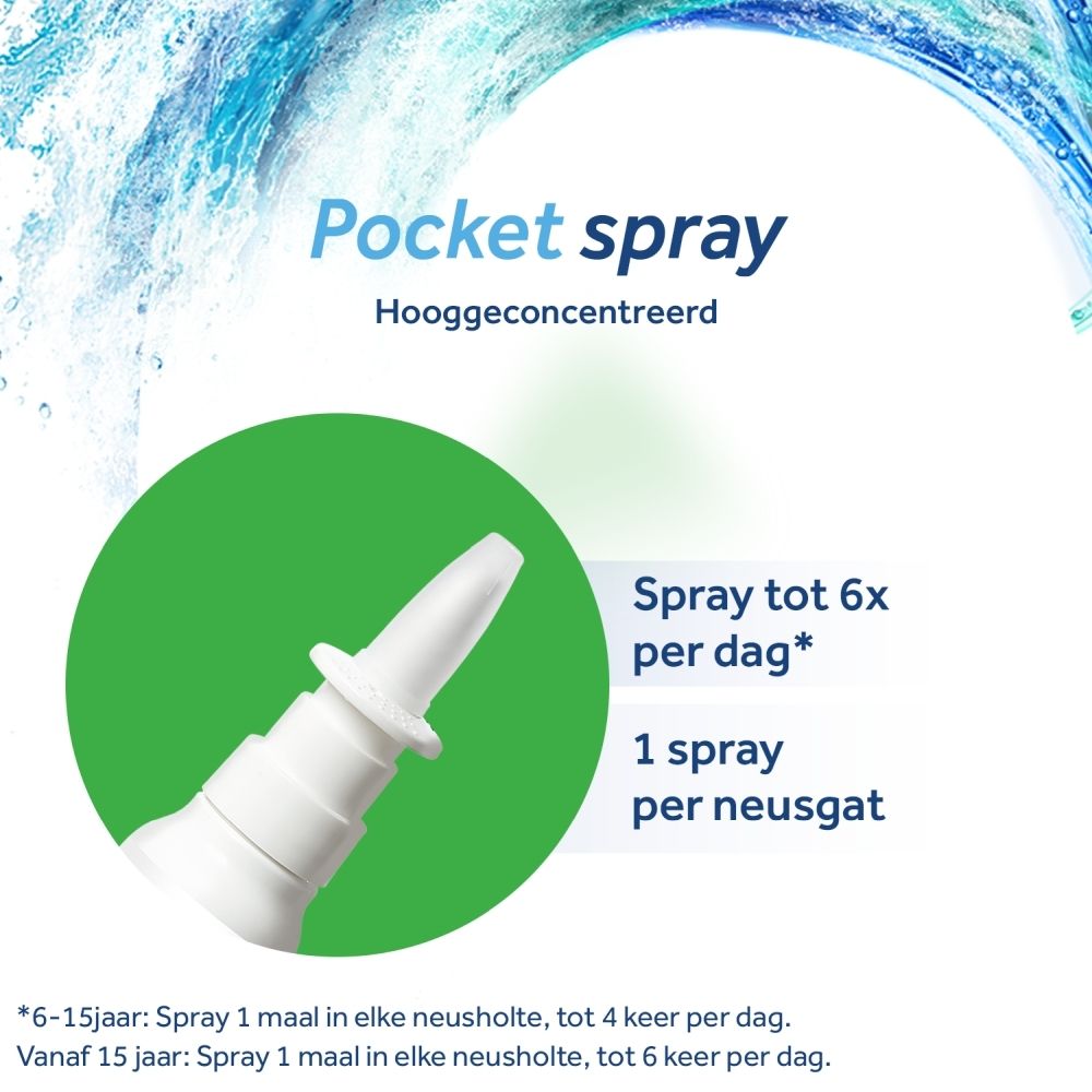 Pocket Spray. Tekst: Spray tot 6x per dag, 1 spray per neusgat.