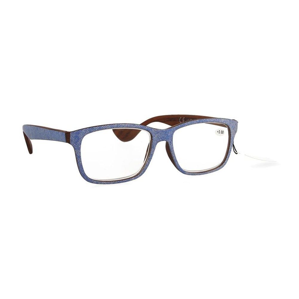 Leesbril met blauwe pootjes en bruin montuur, sterkte +3.00.