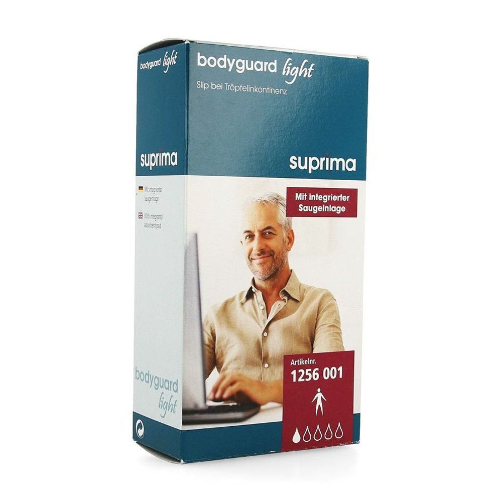 Verpakking Suprima body guard light. Opschrift: Met geïntegreerde absorberende inlegger. Man met laptop. Artikelnummer 1256 001.