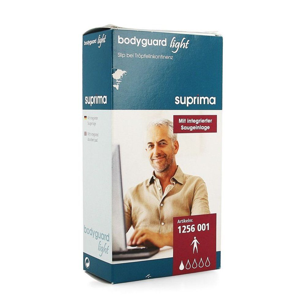 Verpakking van Suprima body guard light slip. Productnaam, logo, beschrijving, artikelnummer en illustratie.